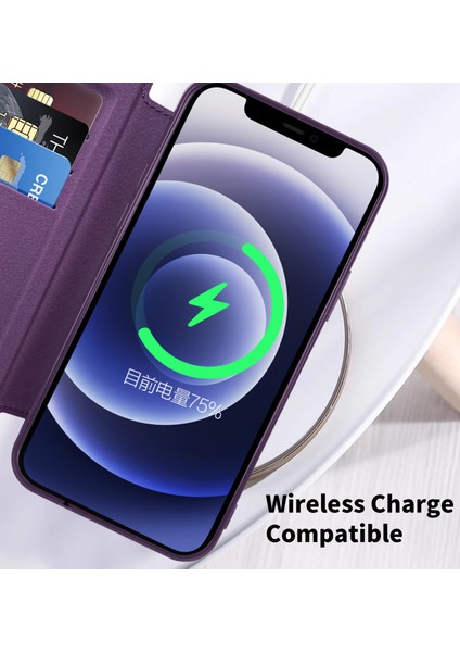iPhone12 6.1 Inç Kart Tutucu Deri Telefon Kasası Magsafe Yerleşik Lens Filmi Rfıd Engelleme Kapak Bebek Mavisi ile Uyumlu (Yurt Dışından)
