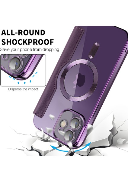 iPhone12 6.1 Inç Kart Tutucu Deri Telefon Kasası Magsafe Yerleşik Lens Filmi Rfıd Engelleme Kapak Bebek Mavisi ile Uyumlu (Yurt Dışından)