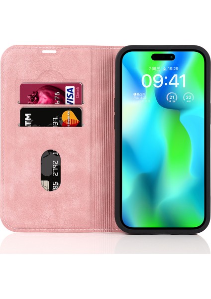 iPhone14 Pro Max Case Pu Pu Deri Rfıd Engelleme Manyetik Otomatik Absorbed Kapak Pembe (Yurt Dışından)