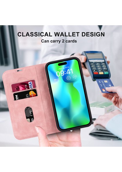 iPhone14 Pro Max Case Pu Pu Deri Rfıd Engelleme Manyetik Otomatik Absorbed Kapak Pembe (Yurt Dışından)
