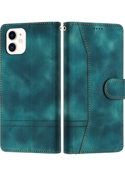 Retro Deri Telefon Kapağı iPhone11 Katlanır Stand Cüzdan Çizgileri Baskılı Kılıf Yeşili (Yurt Dışından)