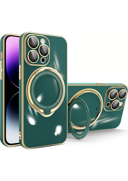 iPhone15 Pro Electrolecating Telefon Kılıfı Için Yumuşak Tpu Kickstand Koruyucu Kapak Lens Koruyucu-Black Green ile (Yurt Dışından)