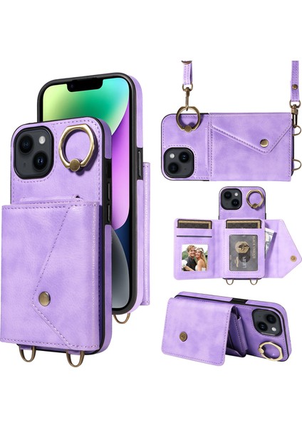 iPhone14/13 Için Ring Kickstand Cep Telefonu Kapağı Litchi Doku Deri+Tpu Kart Torbası Omuz Kayış Işığı Mor ile Telefon Kılıfı (Yurt Dışından)