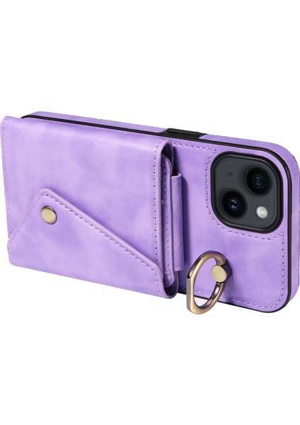 iPhone14/13 Için Ring Kickstand Cep Telefonu Kapağı Litchi Doku Deri+Tpu Kart Torbası Omuz Kayış Işığı Mor ile Telefon Kılıfı (Yurt Dışından) fiyatları