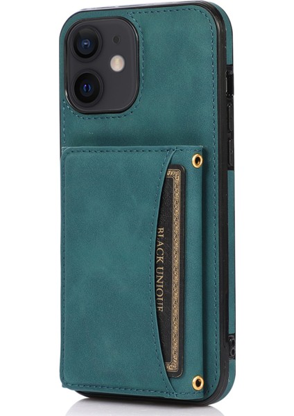 iPhone12 Mini 5.4 Inç Için Manyetik Düğme Üçlü Cüzdan Kickstand Pu Deri Kaplamalı Tpu Kapak Mavisi (Yurt Dışından)