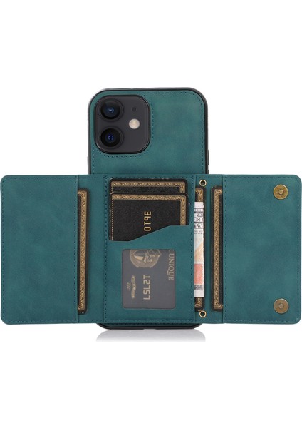 iPhone12 Mini 5.4 Inç Için Manyetik Düğme Üçlü Cüzdan Kickstand Pu Deri Kaplamalı Tpu Kapak Mavisi (Yurt Dışından)