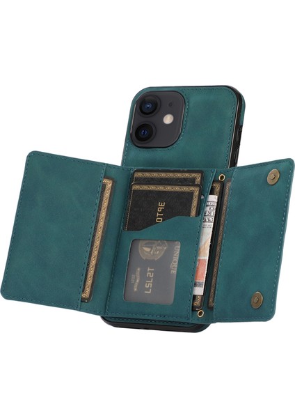 iPhone12 Mini 5.4 Inç Için Manyetik Düğme Üçlü Cüzdan Kickstand Pu Deri Kaplamalı Tpu Kapak Mavisi (Yurt Dışından)
