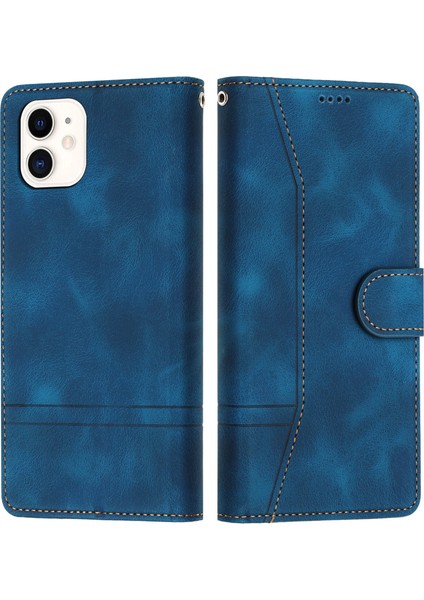 iPhone12 Mini Için5.4 Inç Retro Deri Anti-Drop Telefon Vaka Çizgileri Baskı Stand Cüzdan Kapak Mavisi (Yurt Dışından)
