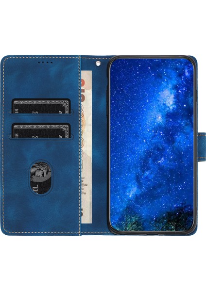 iPhone12 Mini Için5.4 Inç Retro Deri Anti-Drop Telefon Vaka Çizgileri Baskı Stand Cüzdan Kapak Mavisi (Yurt Dışından)