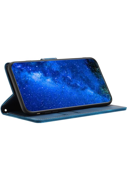 iPhone12 Mini Için5.4 Inç Retro Deri Anti-Drop Telefon Vaka Çizgileri Baskı Stand Cüzdan Kapak Mavisi (Yurt Dışından)