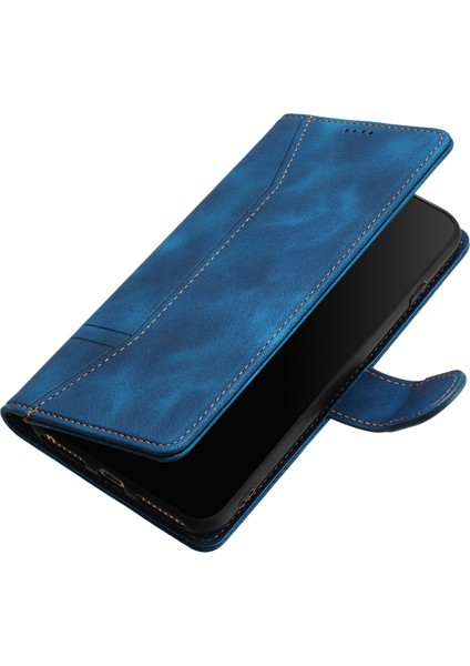 iPhone12 Mini Için5.4 Inç Retro Deri Anti-Drop Telefon Vaka Çizgileri Baskı Stand Cüzdan Kapak Mavisi (Yurt Dışından)