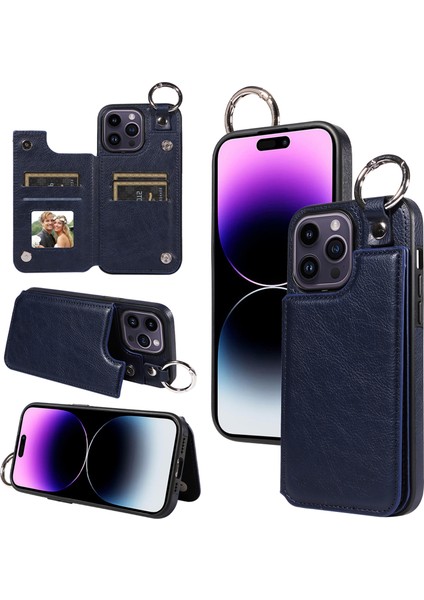 iPhone14 Pro Case Bırak Damalı Pu Deri+Tpu Telefon Kapağı Kickstand Shell-Navy Blue (Yurt Dışından)