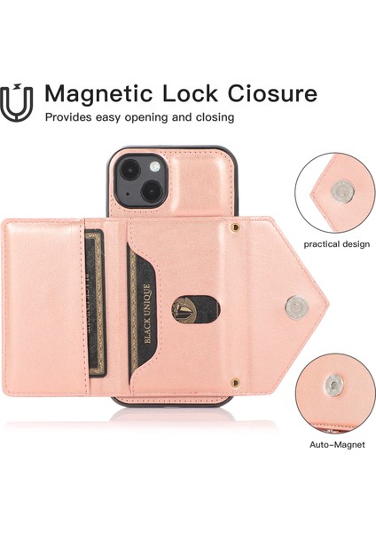 iPhone14 Plus Içinplus Kılıf Kart Tutucu Kickstand Pu+Tpu Cep Telefonu Kapağı Omuz Kayışı Golü Altın (Yurt Dışından)
