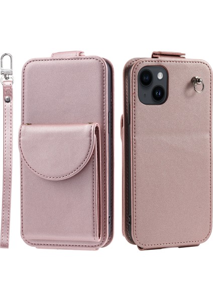iPhone14 Vaka Stand Kartı Tutucu Deri Telefon Kapağı Straps-Rose Altın (Yurt Dışından)
