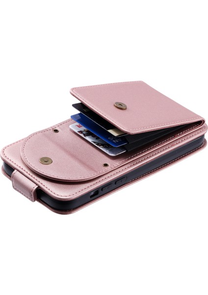 iPhone14 Vaka Stand Kartı Tutucu Deri Telefon Kapağı Straps-Rose Altın (Yurt Dışından)
