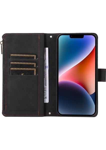 iPhone13 Için 6.1 Inç Manyetik Kılıf 9 Kart Yuvaları Bilek Kayış-Siyah ile Fermuarlı Cep Telefonu Kapağı (Yurt Dışından)