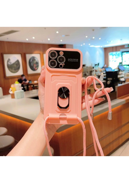 iPhone14 Pro Max Kart Tutucu Pc+Tpu Şok Geçirmez Kasa Yüzüğü Kickstand Telefon Kapağı Uzun Kayış Pembe (Yurt Dışından)