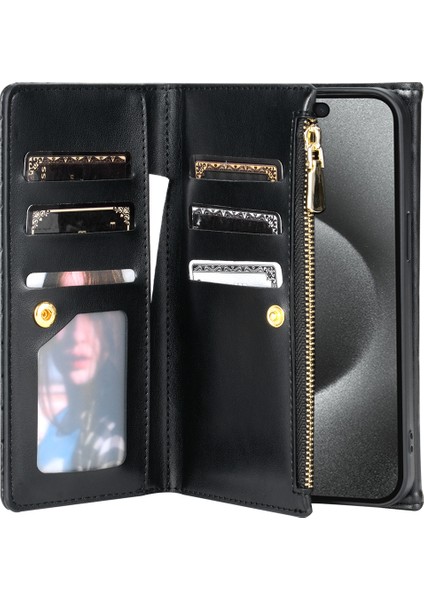 iPhone12/12 Pro Deri Cüzdan Kılıfı Folio Koruyucu Telefon Kapağı Fermuar Cep Stand Black (Yurt Dışından)