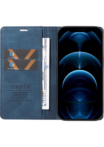iPhone12/12 Pro 6.1 Inç Pu Deri Cüzdan Kapağı Manyetik Kapanış Telefon Standı Vaka-Mavi (Yurt Dışından)