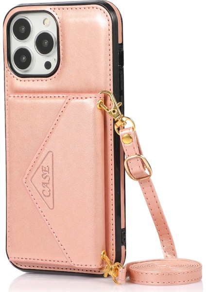 iPhone13 Pro 6.1 Inç Cep Telefon Kılıfı Deri+Tpu Kart Torbası Golü Altın ile Kuşa Karşıtı Crossbody Cover (Yurt Dışından)