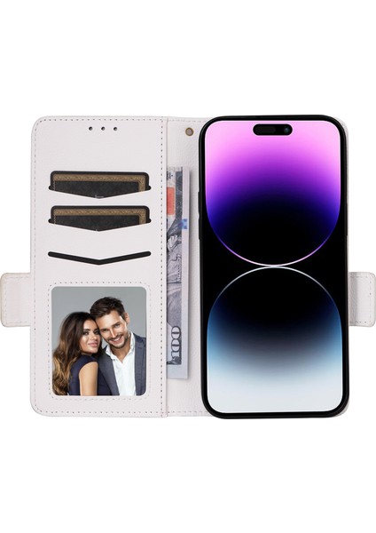iPhone15 Pro Max Cüzdan Telefon Kabuğu Litchi Dokusu Ince-Fit Pu Deri Derme Stand Telefon Kapağı Strap-White (Yurt Dışından) modelleri