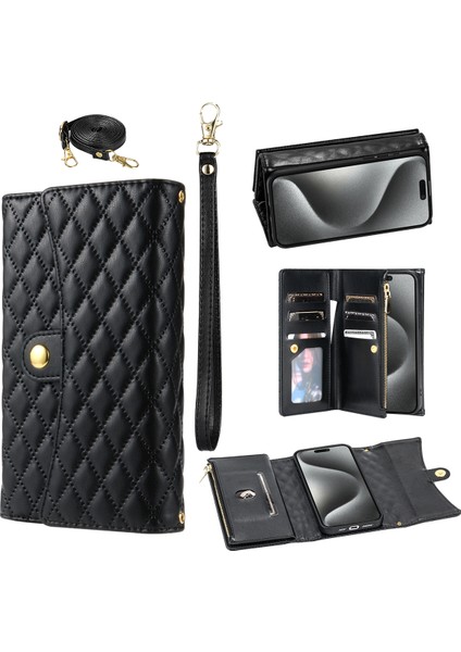 iPhone13 Pro Max 6.7 Inç Vaka 7 Kart Yuvaları Stand Telefon Kapağı El Strap-Black (Yurt Dışından)