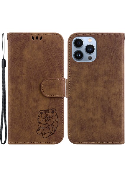 iPhone14 Pro Max Deri Cüzdan Stand Akıllı Telefon Kabuğu Karikatür Tiger Prescint Cover-Brown (Yurt Dışından)