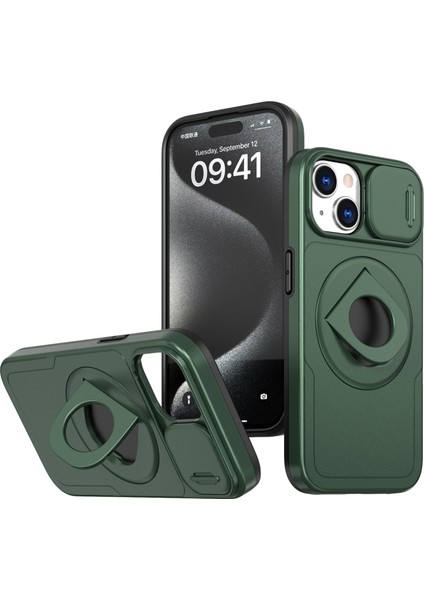 iPhone13/14 Için Telefon Kasası Kickstand Manyetik Arka Kabuklu Slayt Kamera Kapağı-Siyah Yeşil (Yurt Dışından)