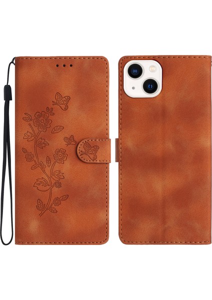 iPhone15 Telefon Kasası Için Basılmış Çiçek Cüzdan Ön-Paraşütle Anti-Parmak Izi Deri Manyetik Stand Kapak Kahverengi (Yurt Dışından)