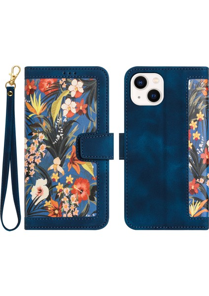 iPhone14 Plus Içinpu Deri Telefon Stand Kılıfı Plus Kart Tutucu Çiçek Desen Baskı Telefon Kapak-Dark Mavi (Yurt Dışından)
