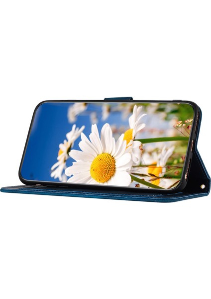 iPhone14 Plus Içinpu Deri Telefon Stand Kılıfı Plus Kart Tutucu Çiçek Desen Baskı Telefon Kapak-Dark Mavi (Yurt Dışından)