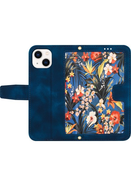 iPhone14 Plus Içinpu Deri Telefon Stand Kılıfı Plus Kart Tutucu Çiçek Desen Baskı Telefon Kapak-Dark Mavi (Yurt Dışından)