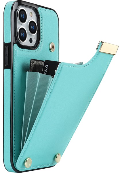 iPhone13 Pro Max Case Telefon Kapağı Tpu+Pu Deri+Metal Kabuk Kart Tutucu Nane Yeşil (Yurt Dışından)