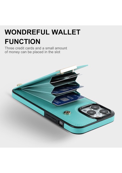 iPhone13 Pro Max Case Telefon Kapağı Tpu+Pu Deri+Metal Kabuk Kart Tutucu Nane Yeşil (Yurt Dışından)