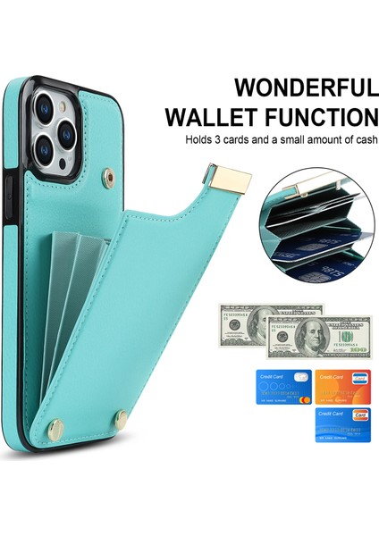 iPhone13 Pro Max Case Telefon Kapağı Tpu+Pu Deri+Metal Kabuk Kart Tutucu Nane Yeşil (Yurt Dışından)