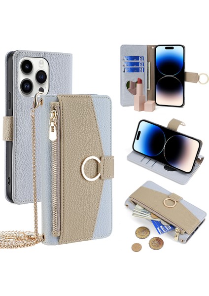 iPhone14 Pro Case Pu Deri+Tpu Zipper Cep Makyaj Aynası Telefon Koruyucu Mavi (Yurt Dışından)
