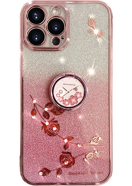 iPhone13 Pro 6.1 Inç Halka Kickstand Çiçek Desen Parıltı Için Cep Telefonu Koruması Tpu Kılıf (Yurt Dışından)