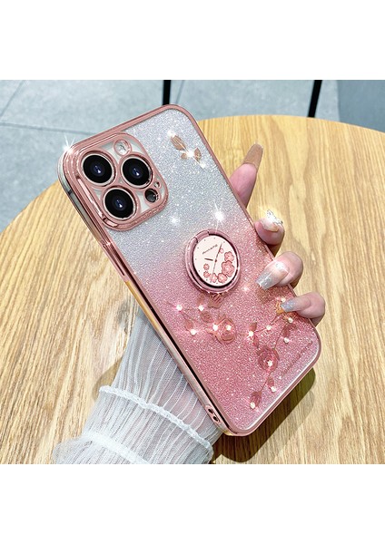 iPhone13 Pro 6.1 Inç Halka Kickstand Çiçek Desen Parıltı Için Cep Telefonu Koruması Tpu Kılıf (Yurt Dışından)