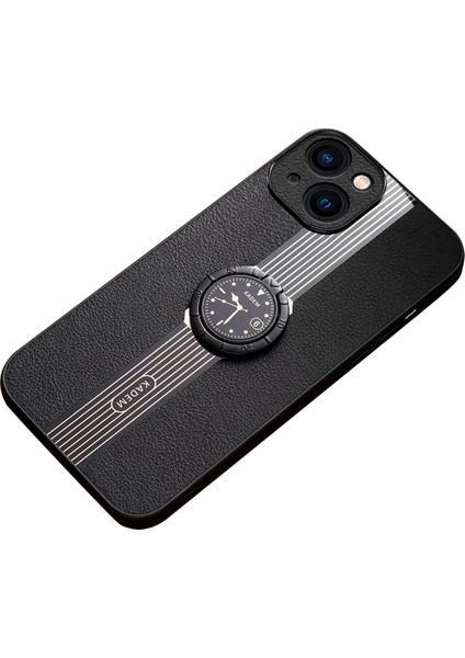 iPhone14 Plus Case Deri+Akrilik+Tpu Damla Geçirmez Yüzük Kickstand Telefon Kapağı-Black (Yurt Dışından)