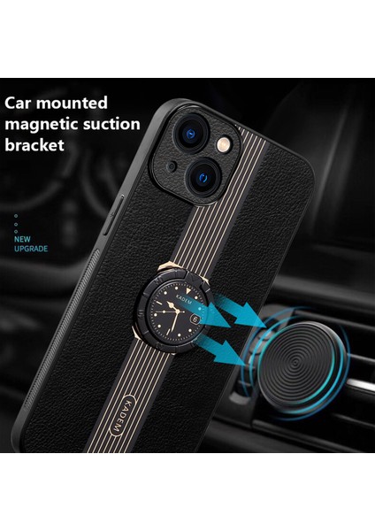 iPhone14 Plus Case Deri+Akrilik+Tpu Damla Geçirmez Yüzük Kickstand Telefon Kapağı-Black (Yurt Dışından)