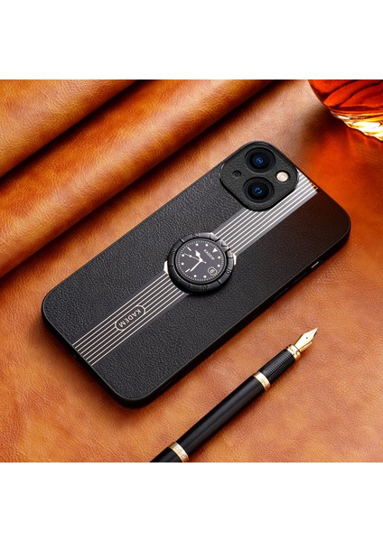 iPhone14 Plus Case Deri+Akrilik+Tpu Damla Geçirmez Yüzük Kickstand Telefon Kapağı-Black (Yurt Dışından)