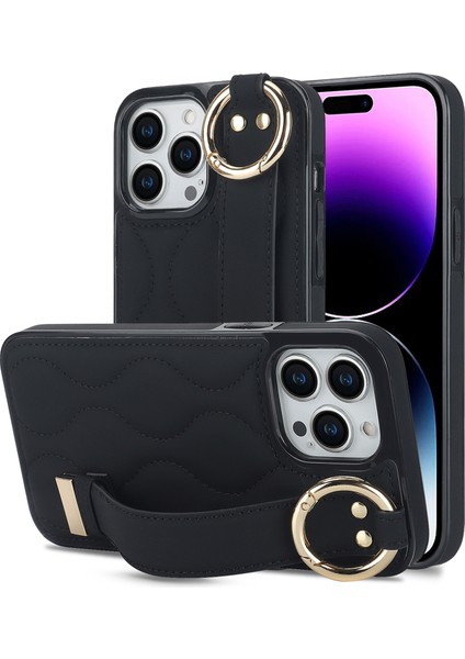 iPhone14 Pro Pu+Tpu Vaka Dalgası Deseni Şok Geçirmez Kickstand Telefon Case-Black (Yurt Dışından)