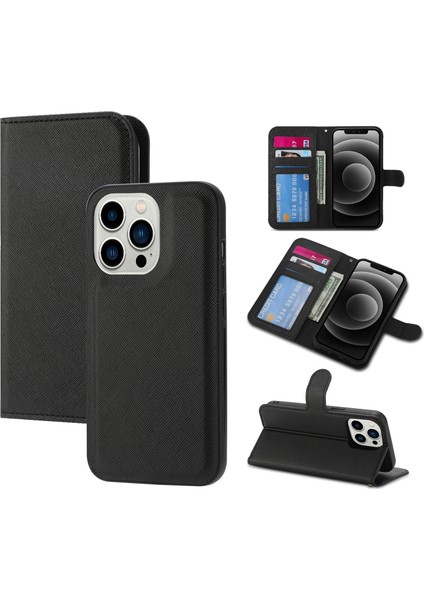 iPhone15 Pu Deri Çapraz Doku Telefon Kılıfı 2'si 1 Arada Çıkarılabilir Flip Stand Cover-Black (Yurt Dışından)