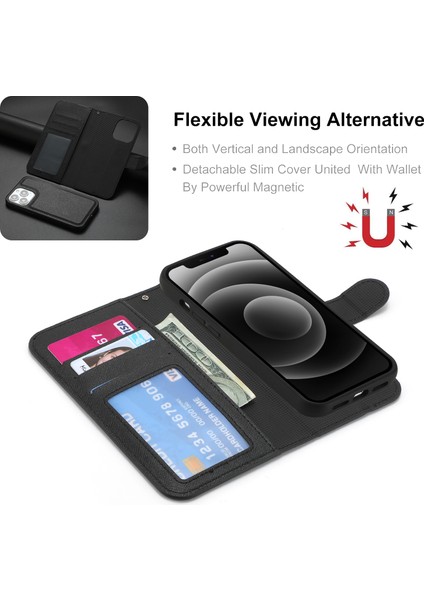 iPhone15 Pu Deri Çapraz Doku Telefon Kılıfı 2'si 1 Arada Çıkarılabilir Flip Stand Cover-Black (Yurt Dışından)
