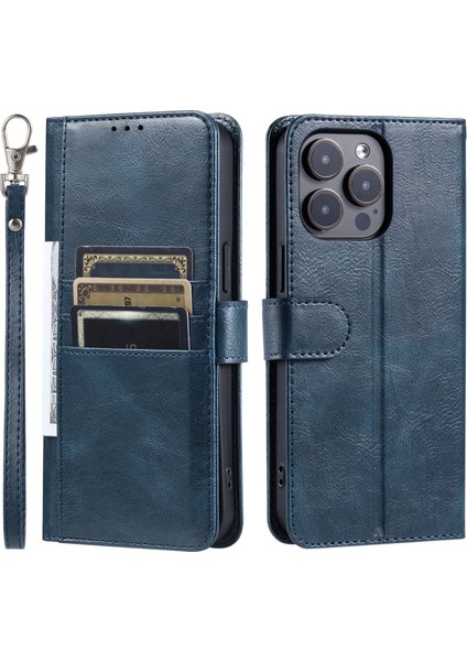 iPhone14 Pro Case Cüzdan Stand Deri Telefon Koruyucu Kapak Kayış-Siyah Yeşil (Yurt Dışından)