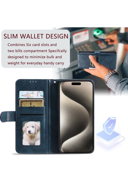 iPhone14 Pro Case Cüzdan Stand Deri Telefon Koruyucu Kapak Kayış-Siyah Yeşil (Yurt Dışından)