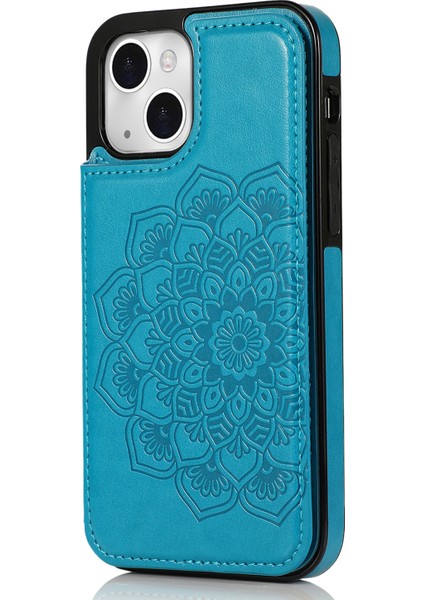 iPhone14 Plus Içinplus Cep Telefonu Kılıfı Basılı Mandala Çiçek Pu Deri+Tpu Geri Kabuk Mavisi (Yurt Dışından)