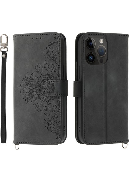 iPhone15 Pro Max Pu Deri Flip Case Stand Stand Cüzdan Baskılı Çiçek Telefon Kapağı Bilek Kayışı Ile+Omuz Kayış-Black (Yurt Dışından)