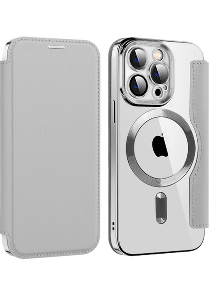 iPhone13 Pro 6.1 Inç Magsafe Rfıd Engelleme Kart Yuvaları ile Uyumlu Şok-Emme Pu Deri+Tpu Elektrokaplama Lens Film-Silver ile Temiz Arka Flip Kılıf (Yurt Dışından)