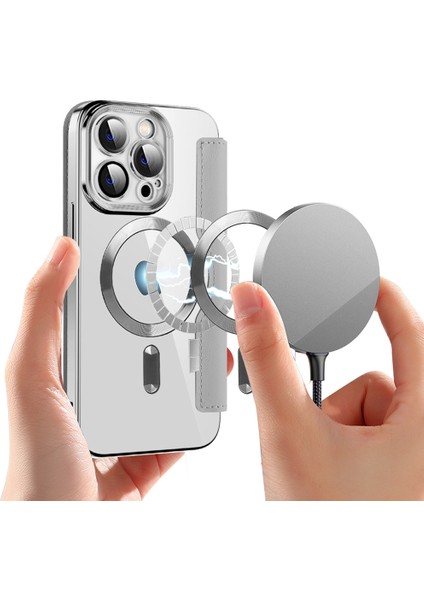 iPhone13 Pro 6.1 Inç Magsafe Rfıd Engelleme Kart Yuvaları ile Uyumlu Şok-Emme Pu Deri+Tpu Elektrokaplama Lens Film-Silver ile Temiz Arka Flip Kılıf (Yurt Dışından)